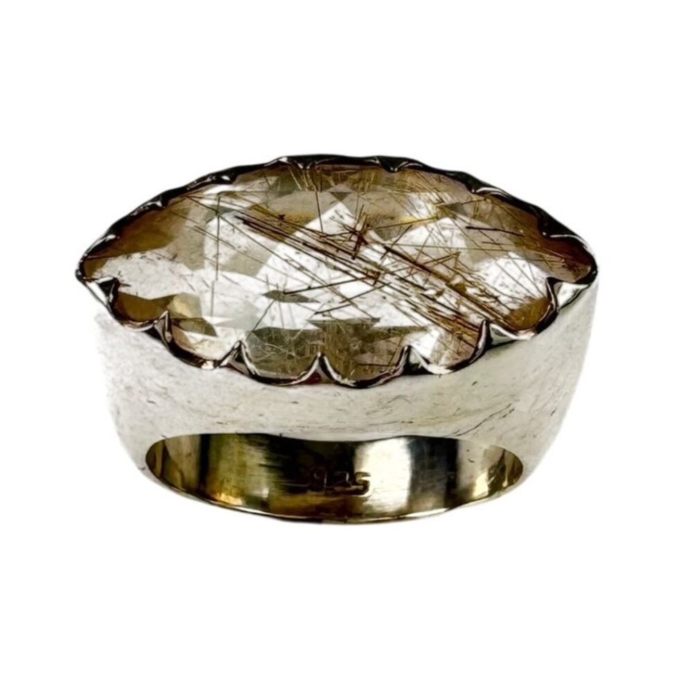 Golden Rutile Quartz Marquis Sterling 925 Silver Ring US Size 7.75